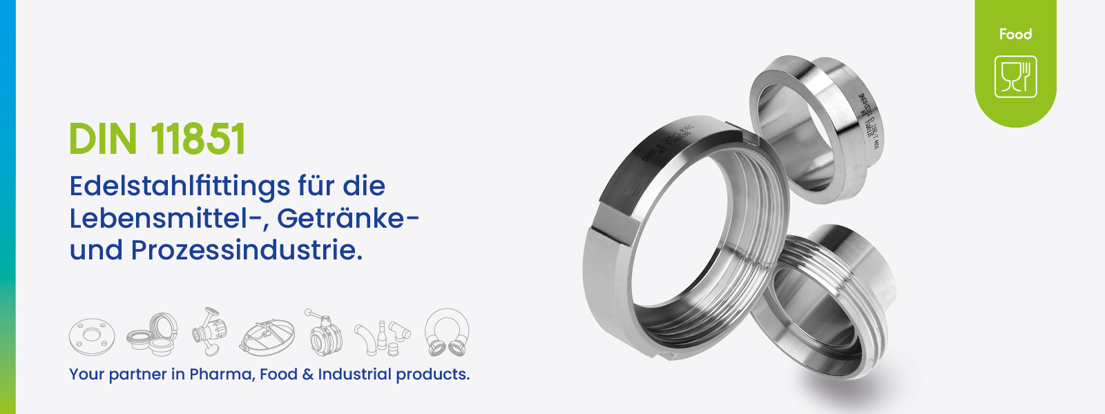 Edelstahl-DIN 11851 Fittings für hygienische Prozessverbindungen in Lebensmittel-, Molkerei- und Getränkeanlagen. Entwickelt für sichere Abläufe, gute Reinigbarkeit und zuverlässige Leistung.