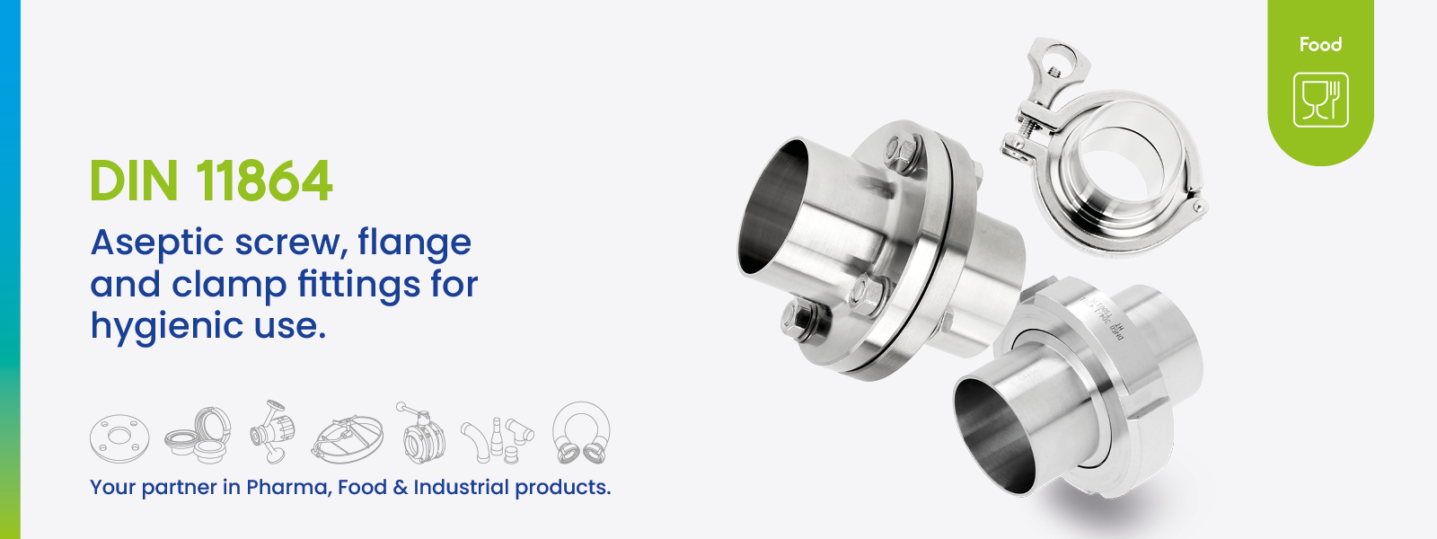 Edelstahl-DIN 11864 Aseptik-Fittings für hygienische Prozessverbindungen in Lebensmittel-, Molkerei- und Getränkeanlagen. Entwickelt für sichere Abläufe und zuverlässige Dichtung.