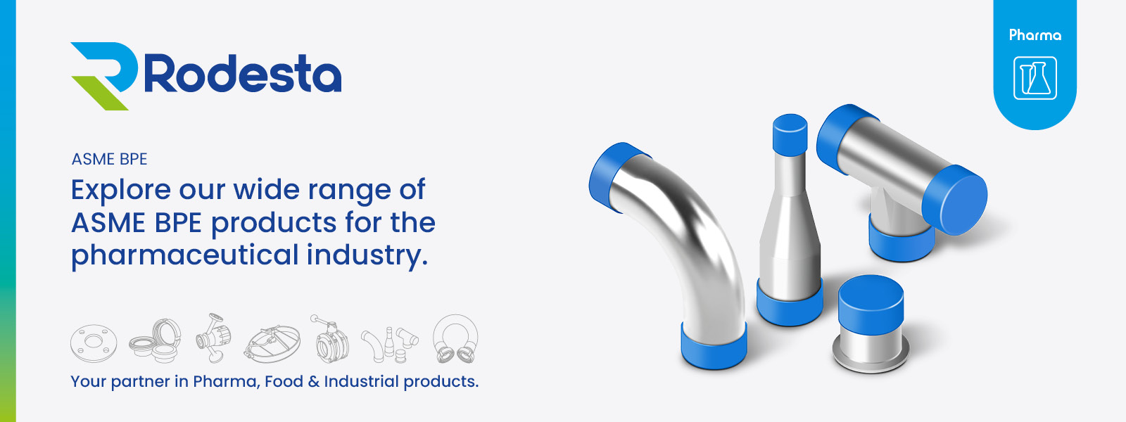 ASME BPE 316L stainless-steel fittings with electropolished finish, designed for sterile bioprocess and pharmaceutical applications with CIP/SIP cleanability according to the ASME BPE standard.