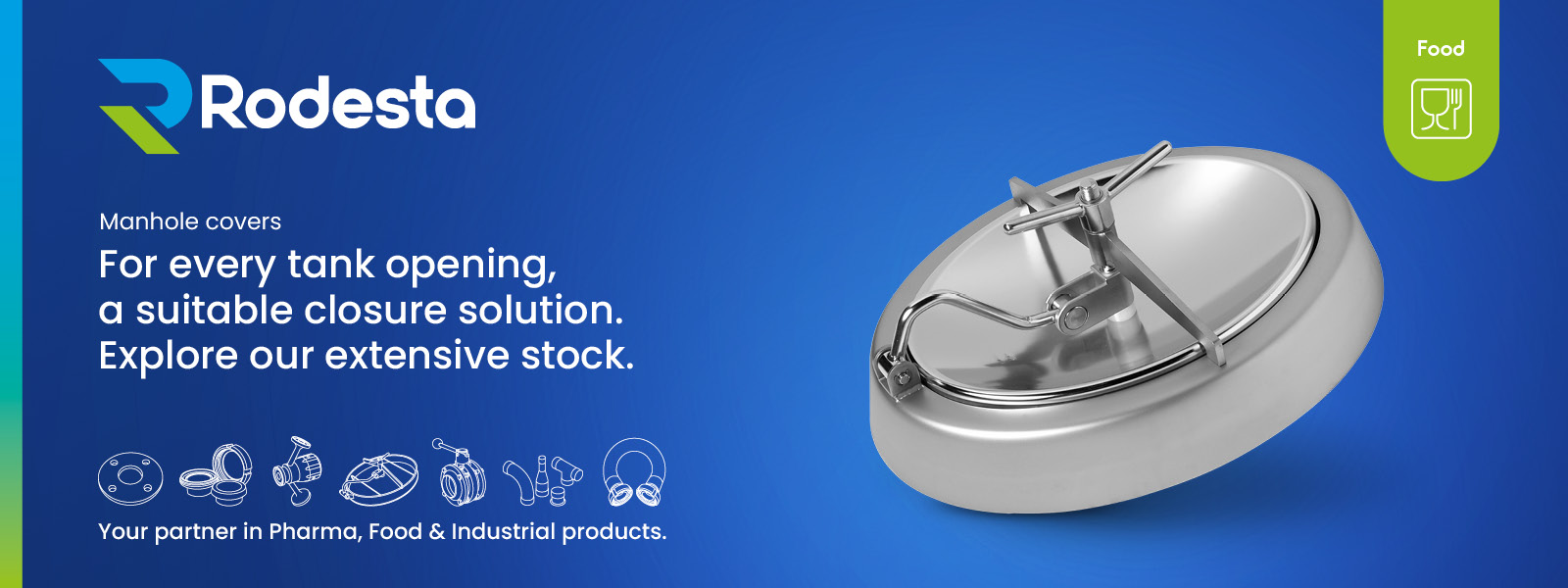 Stainless-steel manhole covers for hygienic tank openings, designed for safe sealing in food, pharmaceutical and process industries. Available in various sizes and models from Rodesta.