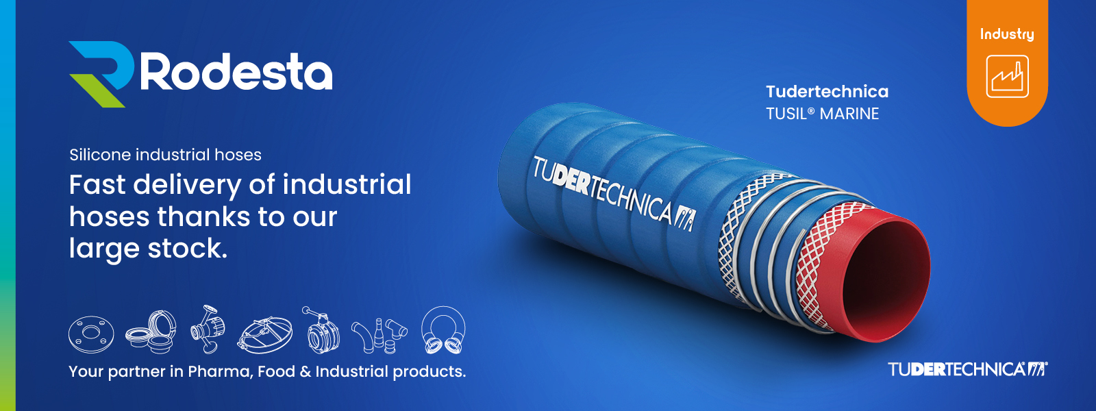 Tudertechnica silicone industrial hoses for pressure and vacuum applications in food, chemical and process industries. Fast delivery from Rodesta’s extensive stock.