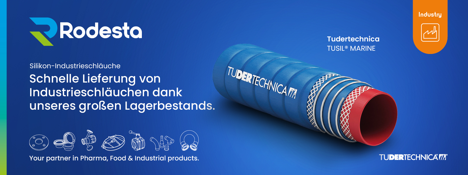 Tudertechnica-Silikon-Industrieschläuche für Druck- und Vakuumanwendungen in der Lebensmittel-, Chemie- und Prozessindustrie. Schnelle Lieferung direkt ab Lager Rodesta.