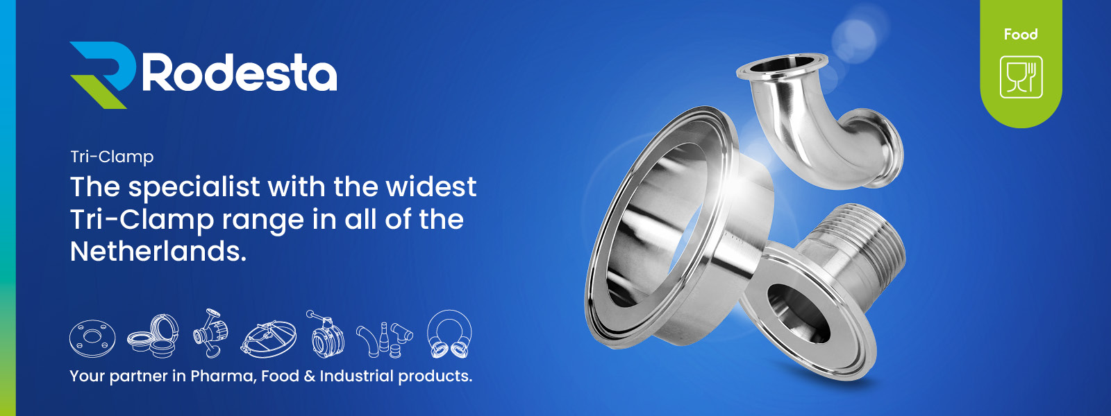 Tri-Clamp clamp connections to DIN 32676 for stainless-steel piping in the food, chemical and pharmaceutical industries, with hygienically polished surfaces and FDA/EHEDG-approved gaskets.