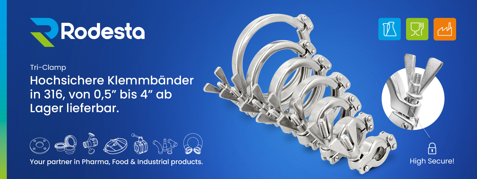 High-Secure Tri-Clamp-Klemmbänder aus Edelstahl 316, von Rodesta für hygienische Anwendungen in der pharmazeutischen, Lebensmittel- und Prozessindustrie erhältlich.