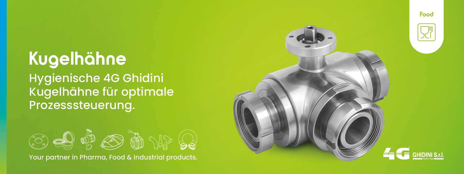 Edelstahl-Kugelhähne von 4G-Ghidini S.r.l. für hygienische Prozesssteuerung in Lebensmittel-, Molkerei-, Getränke- und Pharmaproduktion. Entwickelt für sichere Bedienung und hohe Reinigbarkeit