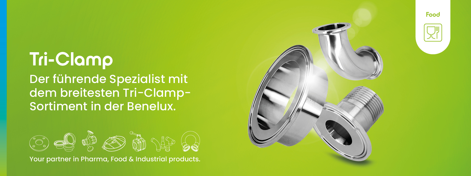 Edelstahl-Tri-Clamp-Fittings für hygienische Prozessverbindungen in Lebensmittel-, Molkerei- und Getränkeanlagen. Entwickelt für sichere Abläufe, hohe Reinigbarkeit und zuverlässige Abdichtung