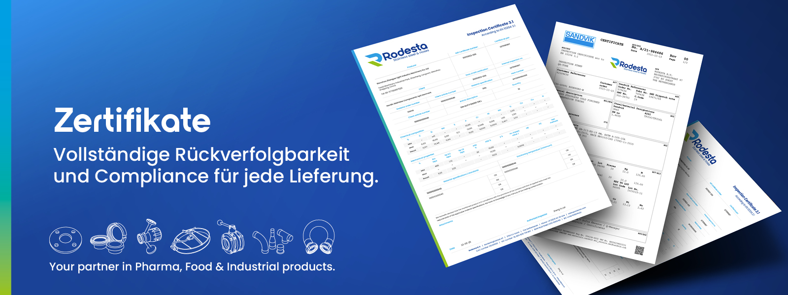 Rodesta Zertifikate und Dokumentation für Rückverfolgbarkeit, Compliance und Qualitätssicherung in Pharma-, Food- und Industrieanwendungen
